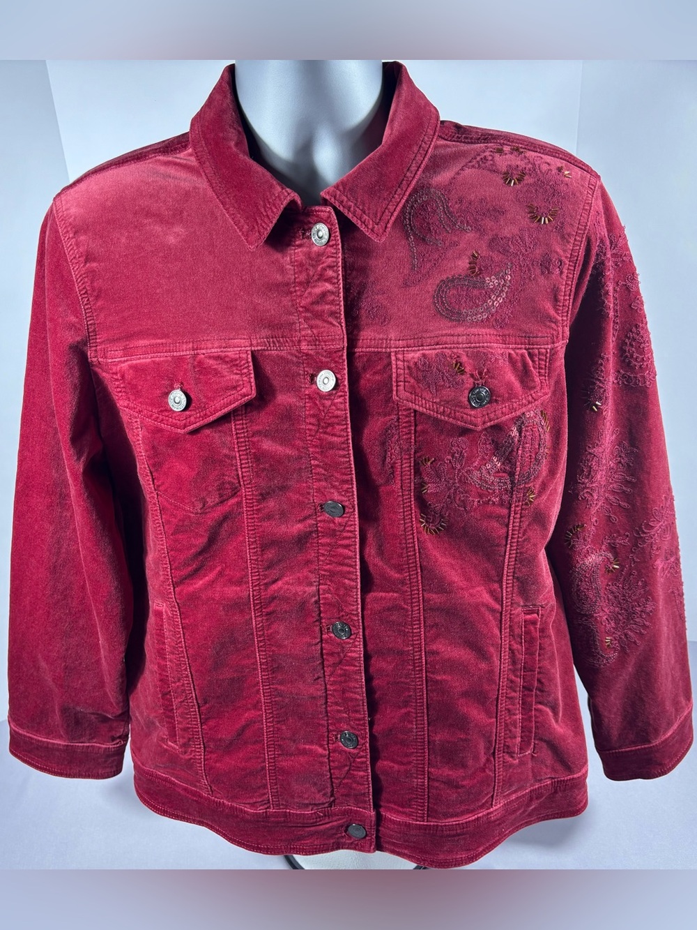 NWT Chico’s Red Velvet Embellished Trucker Jacket Size 3 16/18